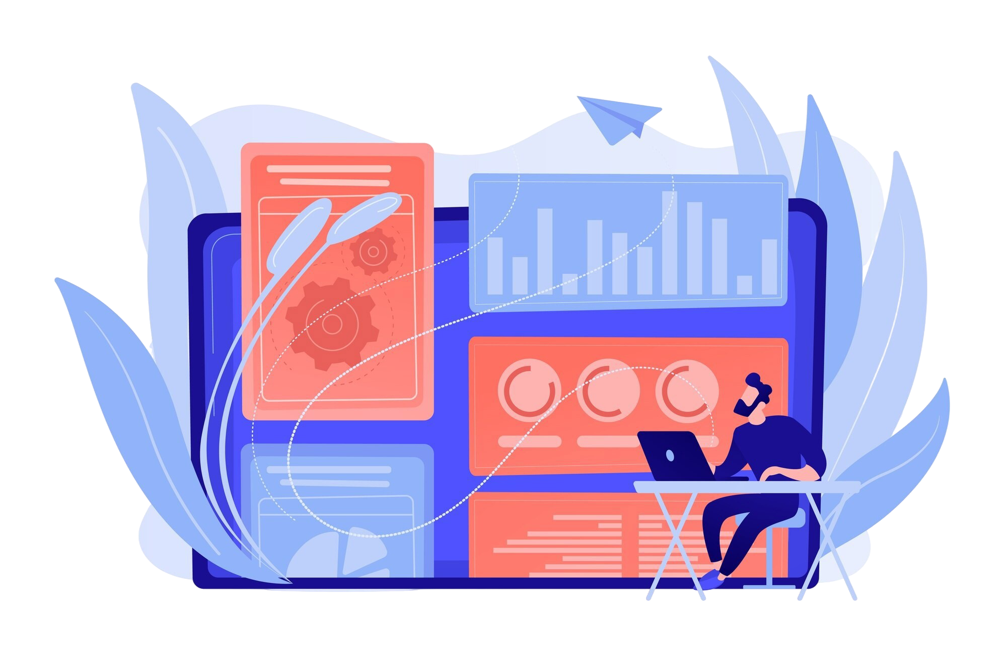 digital-marketing-strategist-working-with-digital-technologies-media-attribution-modeling-brand-insight-measurement-tools-concept-pinkish-coral-bluevector-isolated-illustration