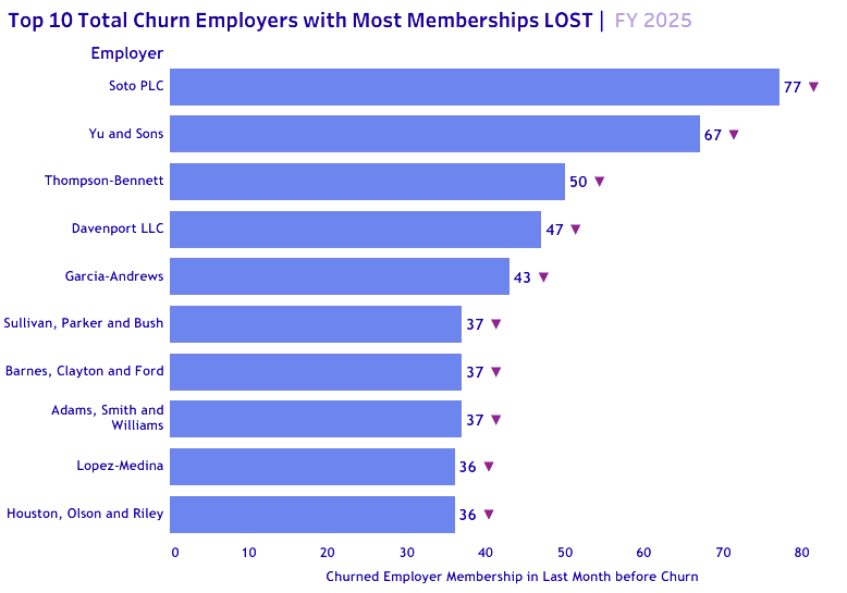 Top 10 Total Churn Employers with Most Memberships LOST - FY 2025 v1