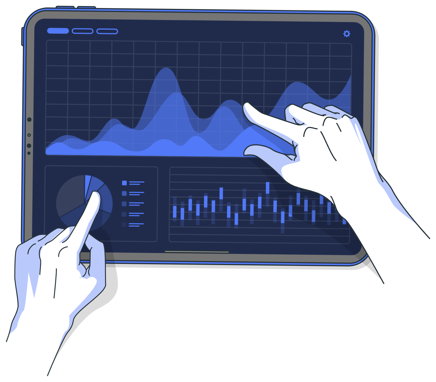 Two hands holding a tablet with data dashboards, MARRA Data services