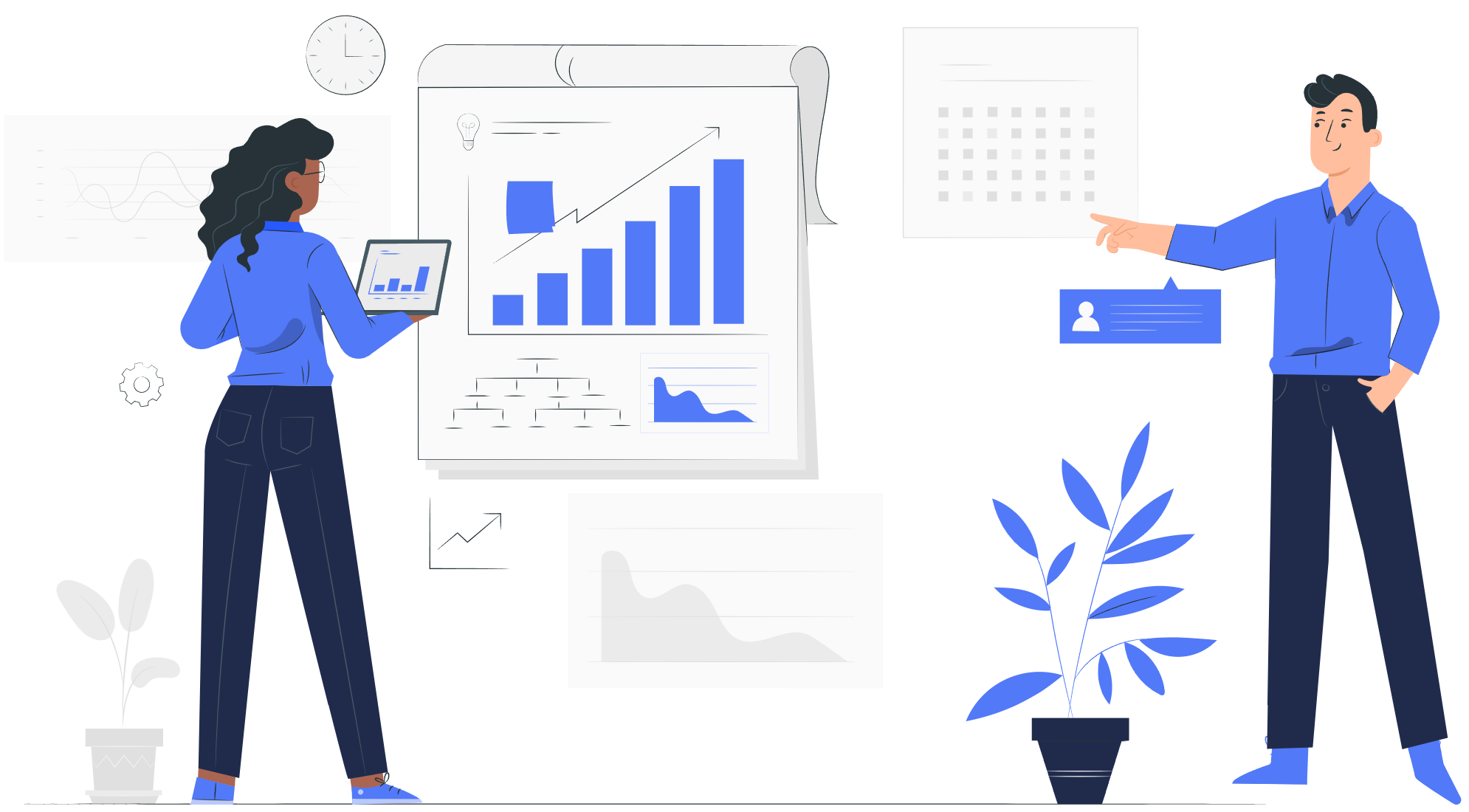Two analysts working with charts on a large dashboard, MARRA Data solutions